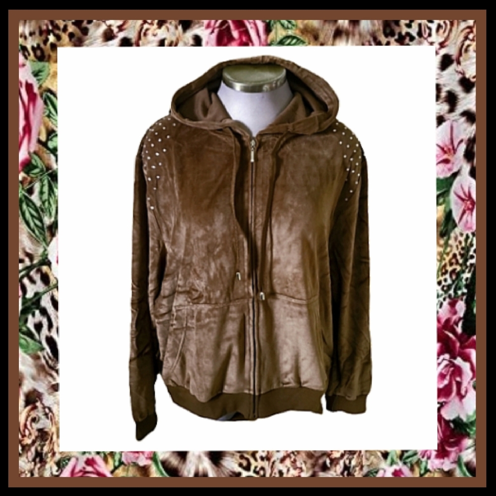 COZY ☆ MOCHA BROWN ☆ RHINESTONE ACCENT ☆ VELOUR HOODIE ☆ 3X ☆ NWOT
